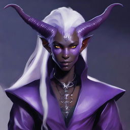 Create an image of a tiefling with white hair and black skin with white freckles and lavender eyes, wearing warlock clothing