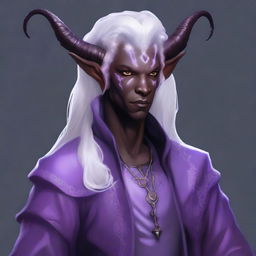 Create an image of a tiefling with white hair and black skin with white freckles and lavender eyes, wearing warlock clothing