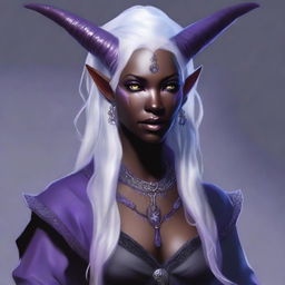 Create an image of a female tiefling with white hair and black skin with white freckles and lavender eyes, wearing warlock clothing