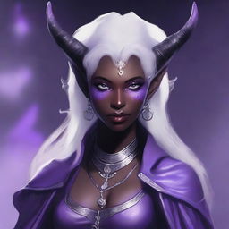 Create an image of a female tiefling with white hair and black skin with white freckles and lavender eyes, wearing warlock clothing