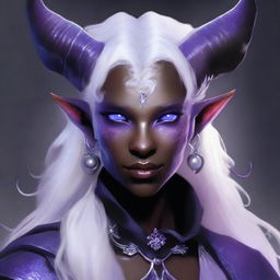 Create an image of a female tiefling with white hair and black skin with white freckles and lavender eyes, wearing warlock clothing