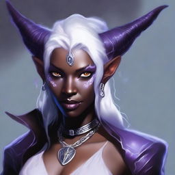 Create an image of a female tiefling with white hair and black skin with white freckles and lavender eyes, wearing warlock clothing