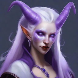 Create an image of a female tiefling with white hair and lilac skin with white freckles and lavender eyes, wearing warlock clothing