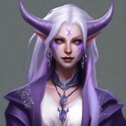 Create an image of a female tiefling with white hair and lilac skin with white freckles and lavender eyes, wearing warlock clothing