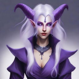 Create an image of a female tiefling with white hair and lilac skin with white freckles and lavender eyes, wearing warlock clothing