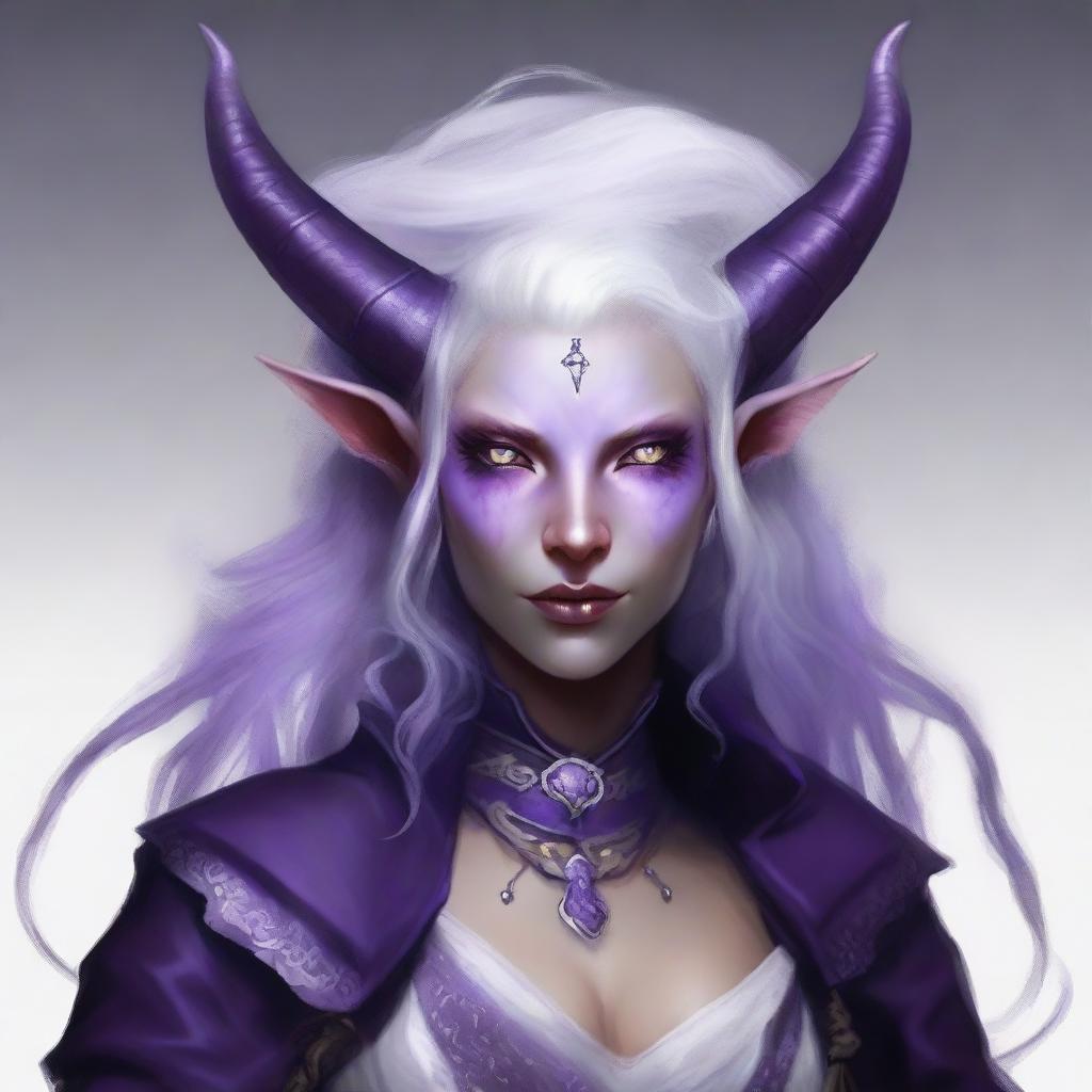 Create an image of a female tiefling with white hair and lilac skin with white freckles and lavender eyes, wearing warlock clothing