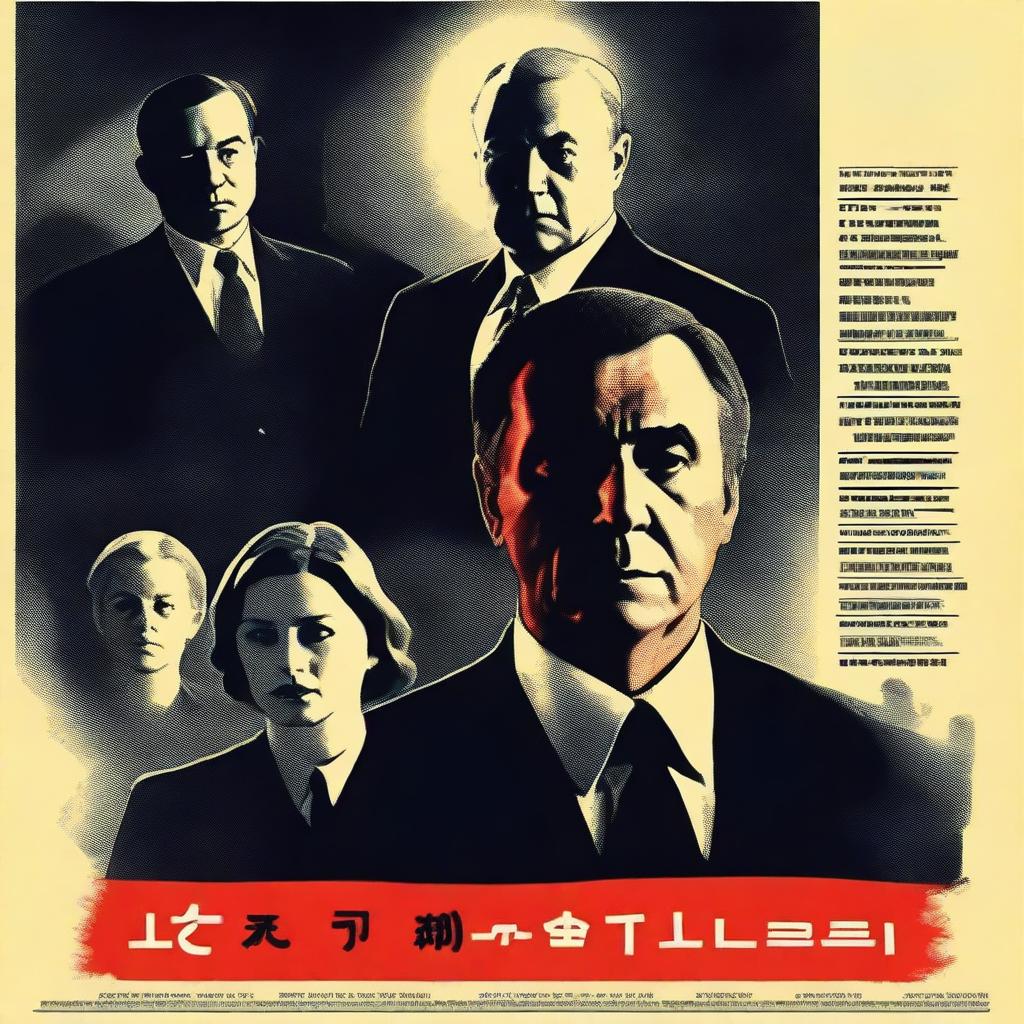 A thrilling film poster featuring a courtroom trial scene, police officers investigating, and a shadowy tycoon looming in the background