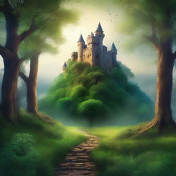 Create a captivating book cover featuring an enchanting forest with a mysterious pathway leading to an ancient castle in the distance