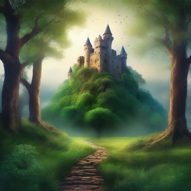 Create a captivating book cover featuring an enchanting forest with a mysterious pathway leading to an ancient castle in the distance