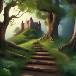 Create a captivating book cover featuring an enchanting forest with a mysterious pathway leading to an ancient castle in the distance