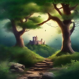 Create a captivating book cover featuring an enchanting forest with a mysterious pathway leading to an ancient castle in the distance