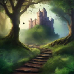 Create a captivating book cover featuring an enchanting forest with a mysterious pathway leading to an ancient castle in the distance