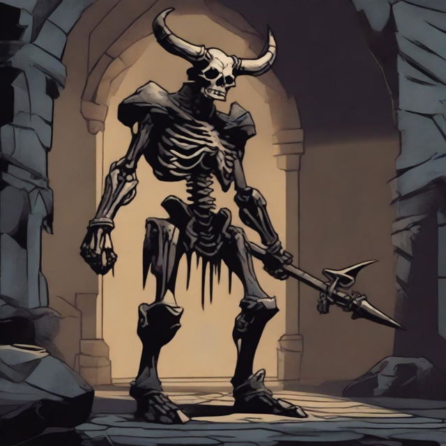 A detailed depiction of a minotaur skeleton from Dungeons and Dragons, standing in a dark, eerie dungeon with ancient stone walls and flickering torchlight casting shadows