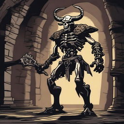 A detailed depiction of a minotaur skeleton from Dungeons and Dragons, standing in a dark, eerie dungeon with ancient stone walls and flickering torchlight casting shadows