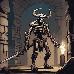 A detailed depiction of a minotaur skeleton from Dungeons and Dragons, standing in a dark, eerie dungeon with ancient stone walls and flickering torchlight casting shadows