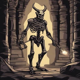 A detailed depiction of a minotaur skeleton from Dungeons and Dragons, standing in a dark, eerie dungeon with ancient stone walls and flickering torchlight casting shadows