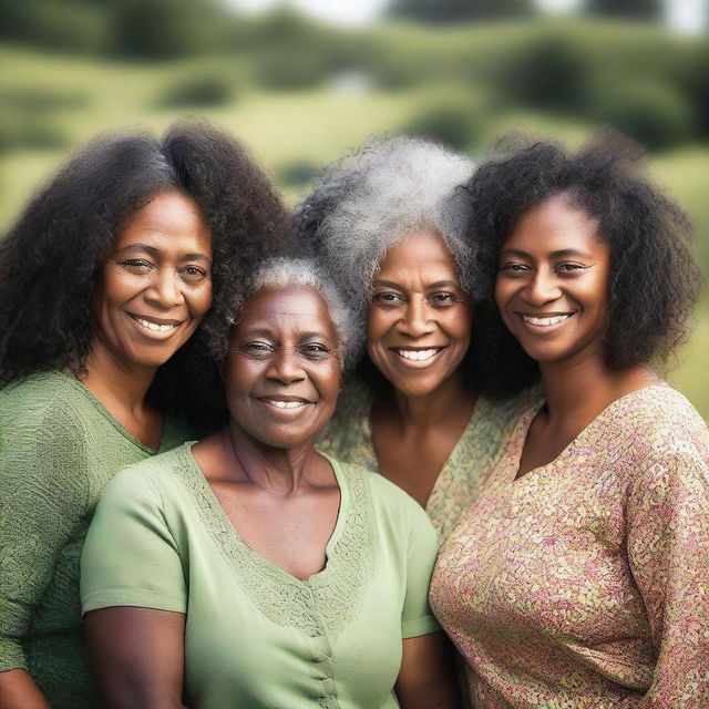 A beautiful portrait featuring three dark-skinned black women from different generations: a grandmother (age 65), a mother (age 35), and a granddaughter (age 13)