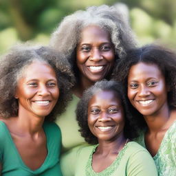 A beautiful portrait featuring three dark-skinned black women from different generations: a grandmother (age 65), a mother (age 35), and a granddaughter (age 13)