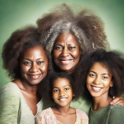 A beautiful portrait featuring three dark-skinned black women from different generations: a grandmother (age 65), a mother (age 35), and a granddaughter (age 13)