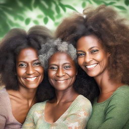 A beautiful portrait featuring three dark-skinned black women from different generations: a grandmother (age 65), a mother (age 35), and a granddaughter (age 13)