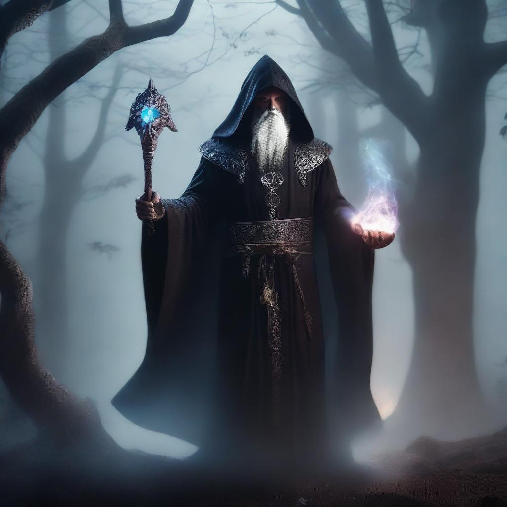 A dark wizard from Dungeons and Dragons, wearing a flowing black robe with intricate magical symbols