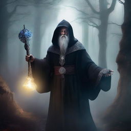 A dark wizard from Dungeons and Dragons, wearing a flowing black robe with intricate magical symbols