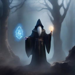 A dark wizard from Dungeons and Dragons, wearing a flowing black robe with intricate magical symbols