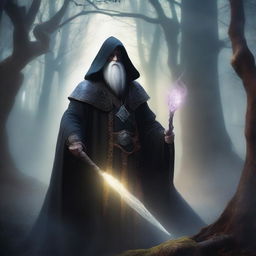 A dark wizard from Dungeons and Dragons, wearing a flowing black robe with intricate magical symbols