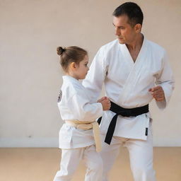 A caring father, dressed in a traditional karate gi, training his young daughter in the art of Kyokushin karate in a dojo setting