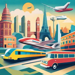 A vibrant scene depicting various modes of transportation such as airplanes, trains, and buses, set against a backdrop of famous tourist destinations