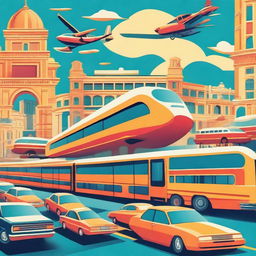 A vibrant scene depicting various modes of transportation such as airplanes, trains, and buses, set against a backdrop of famous tourist destinations