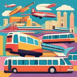 A vibrant scene depicting various modes of transportation such as airplanes, trains, and buses, set against a backdrop of famous tourist destinations