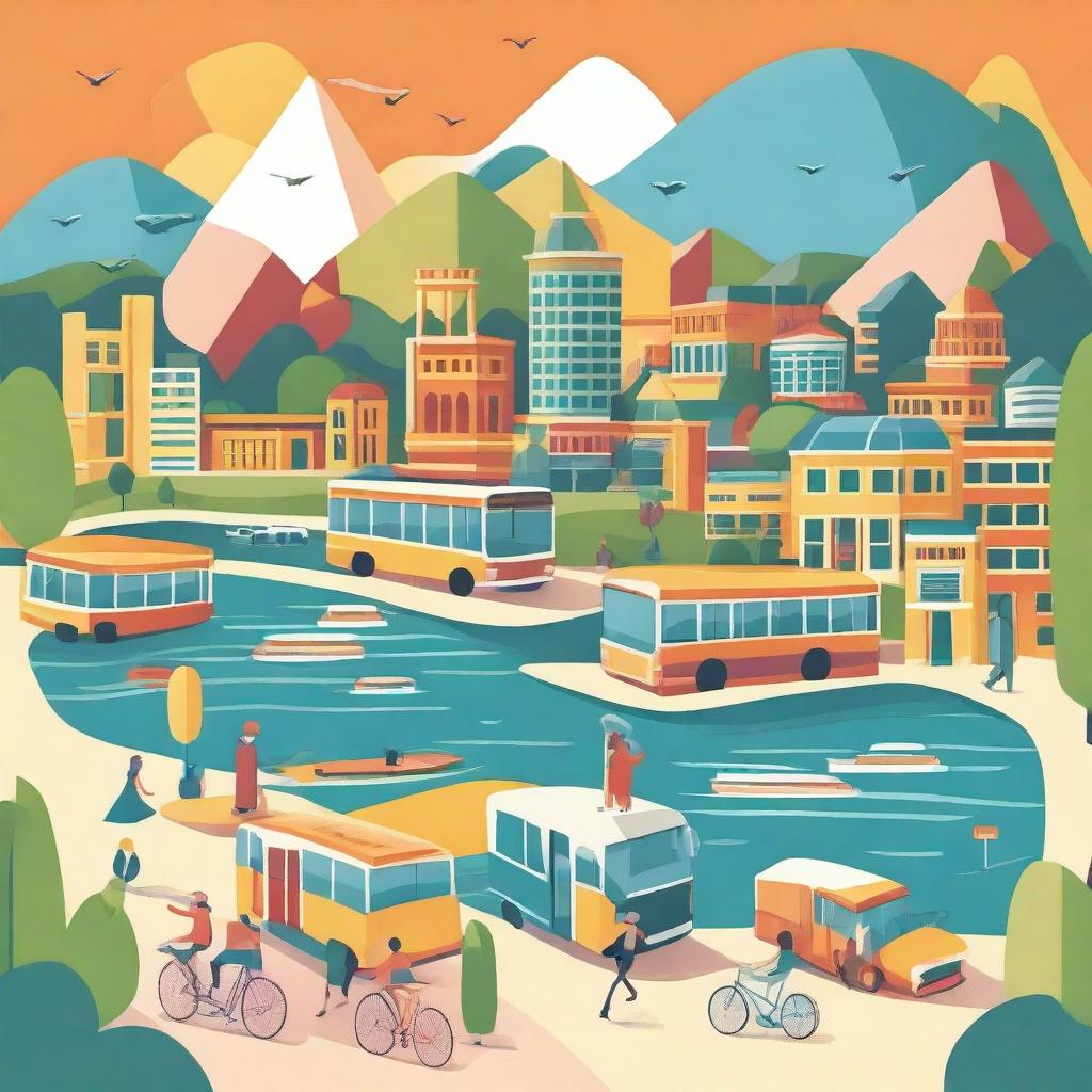 A vibrant illustration showcasing a beautiful tourist destination with various modes of transportation