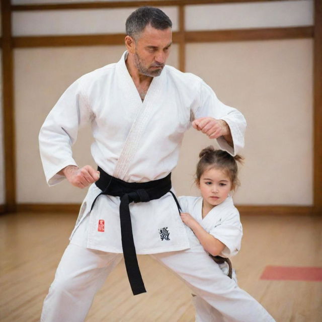 A caring father, dressed in a traditional karate gi, training his young daughter in the art of Kyokushin karate in a dojo setting