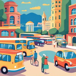 A vibrant illustration showcasing a beautiful tourist destination with various modes of transportation