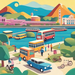 A vibrant illustration showcasing a beautiful tourist destination with various modes of transportation