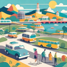 A vibrant illustration showcasing a beautiful tourist destination with various modes of transportation