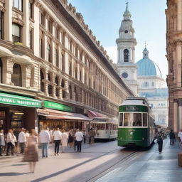 A bustling cityscape featuring a mix of modern and historical buildings, with various modes of transportation such as buses, trams, and bicycles