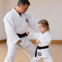 A caring father, dressed in a traditional karate gi, training his young daughter in the art of Kyokushin karate in a dojo setting