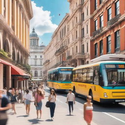 A bustling cityscape featuring a mix of modern and historical buildings, with various modes of transportation such as buses, trams, and bicycles