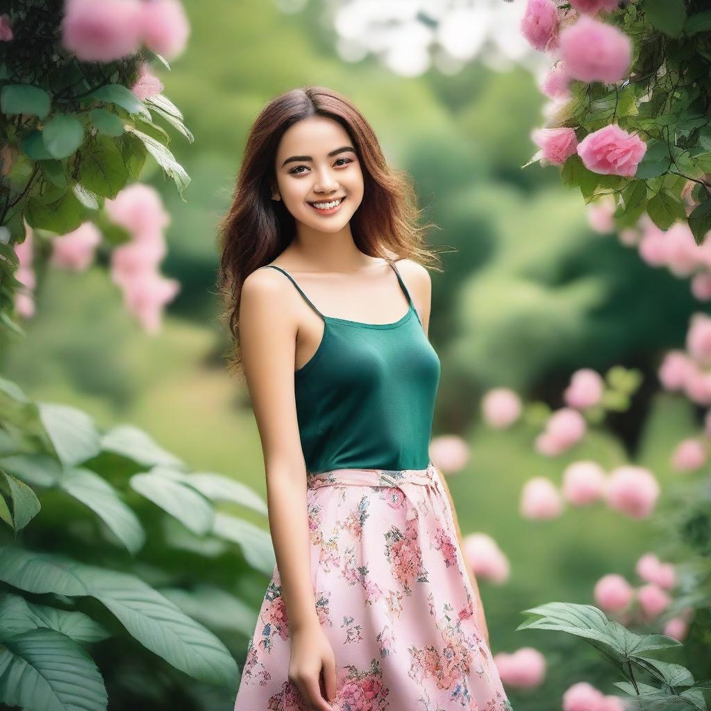 A beautiful girl with a charming smile, wearing a fashionable outfit, standing in a picturesque outdoor setting with lush greenery and flowers