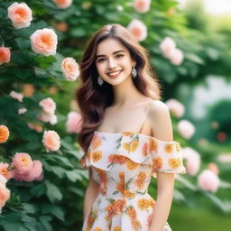 A beautiful girl with a charming smile, wearing a fashionable outfit, standing in a picturesque outdoor setting with lush greenery and flowers