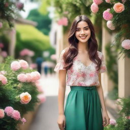 A beautiful girl with a charming smile, wearing a fashionable outfit, standing in a picturesque outdoor setting with lush greenery and flowers