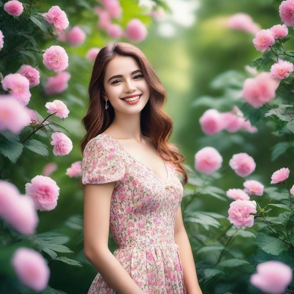 A beautiful girl with a charming smile, wearing a fashionable outfit, standing in a picturesque outdoor setting with lush greenery and flowers