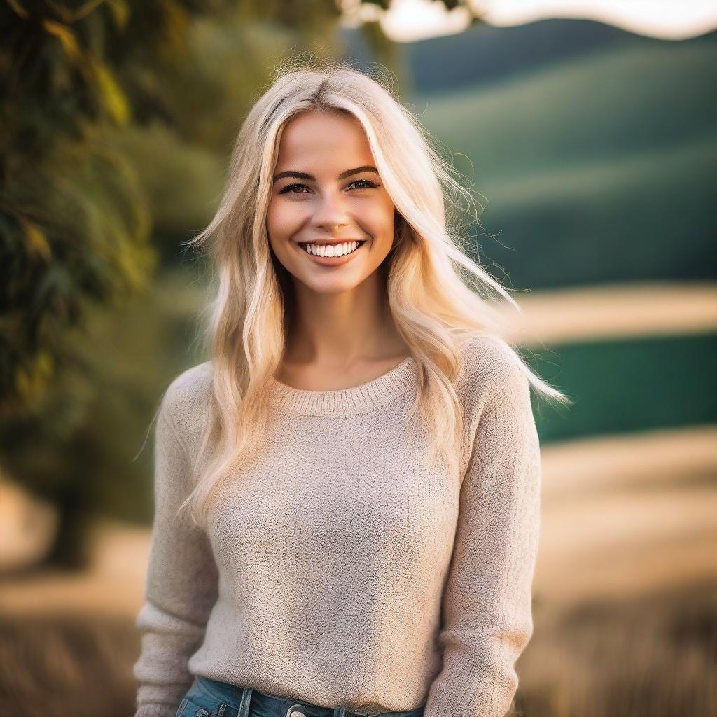 A beautiful blonde girl with a charming smile, wearing casual yet stylish clothing