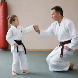 A caring father, dressed in a traditional karate gi, training his young daughter in the art of Kyokushin karate in a dojo setting