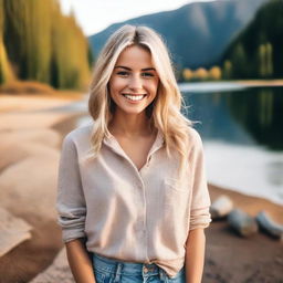 A beautiful blonde girl with a charming smile, wearing casual yet stylish clothing