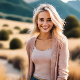 A beautiful blonde girl with a charming smile, wearing casual yet stylish clothing