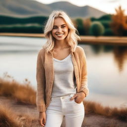 A beautiful blonde girl with a charming smile, wearing casual yet stylish clothing