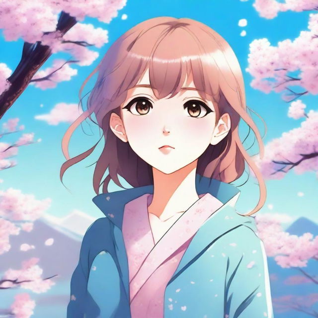 An anime-style illustration of a young girl with bright, expressive eyes, wearing a stylish outfit